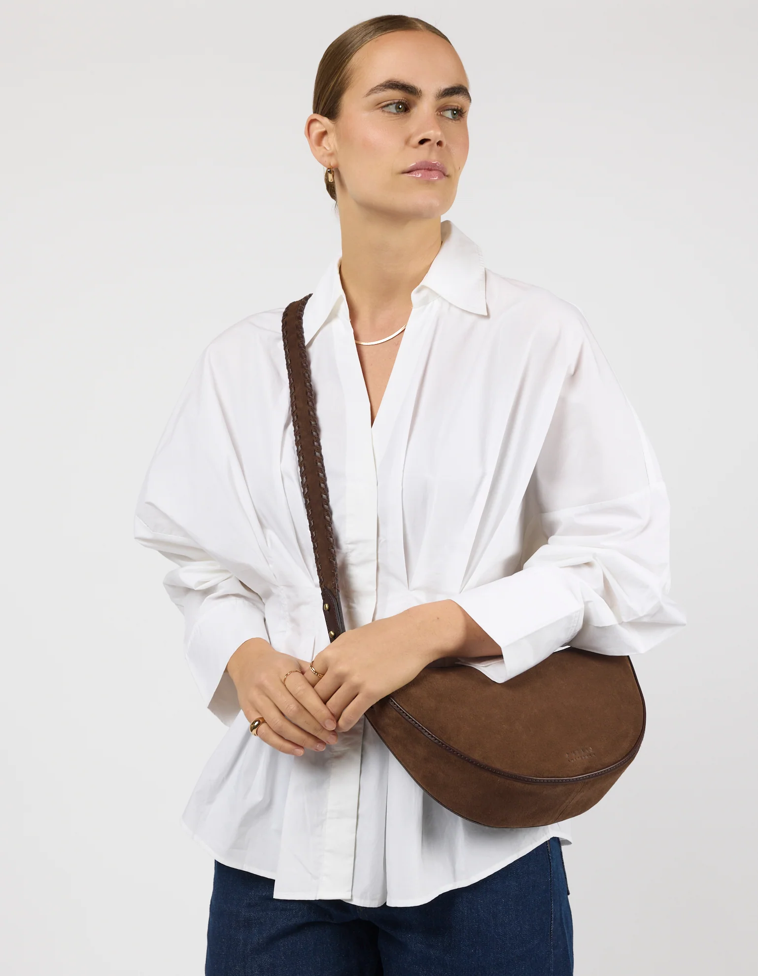 Leo Midi Crossbody Strap - Chocolate Suède with Classic Leather - Image 5