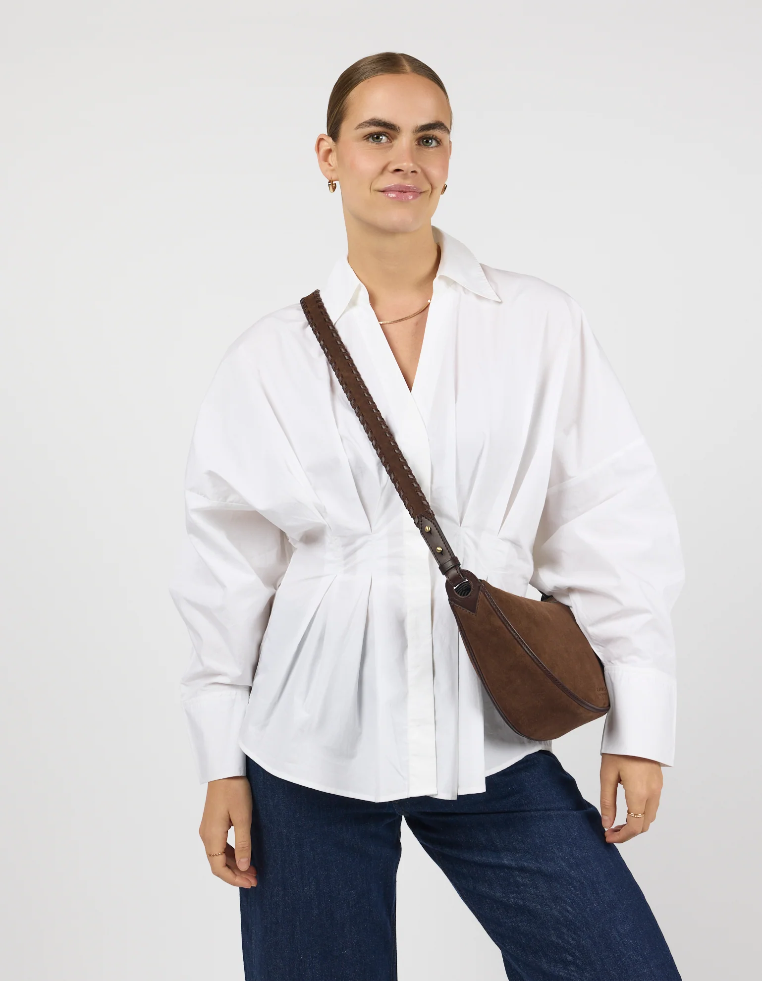 Leo Midi Crossbody Strap - Chocolate Suède with Classic Leather - Image 7