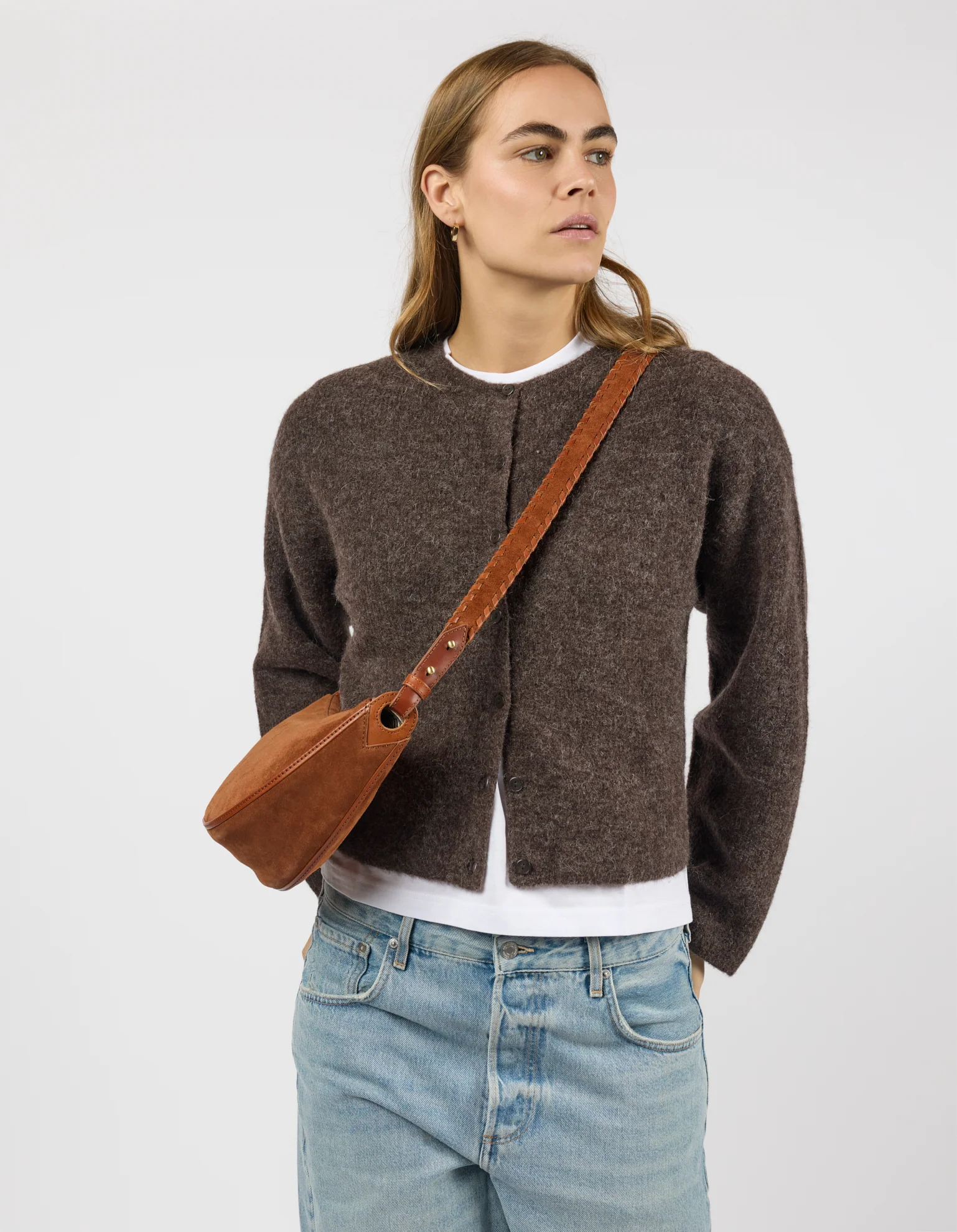 Leo Midi Crossbody Strap - Cognac Suède with Classic Leather - Image 5