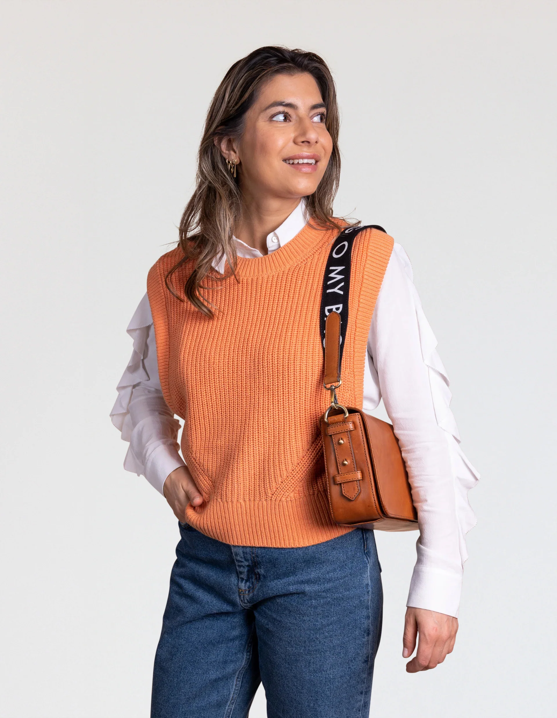 Shoulder Canvas Logo Strap - Black & Cognac Classic Leather - Image 3