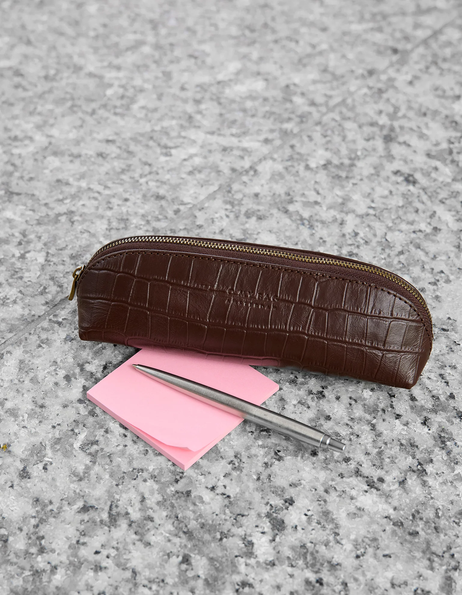 Pencil Case Small - Chocolate Croco Print Leather - Image 3