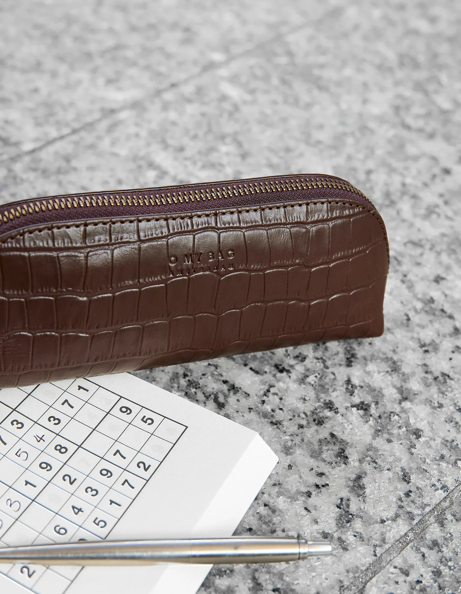 Pencil Case Large - Chocolate Croco Print Leather - Image 3