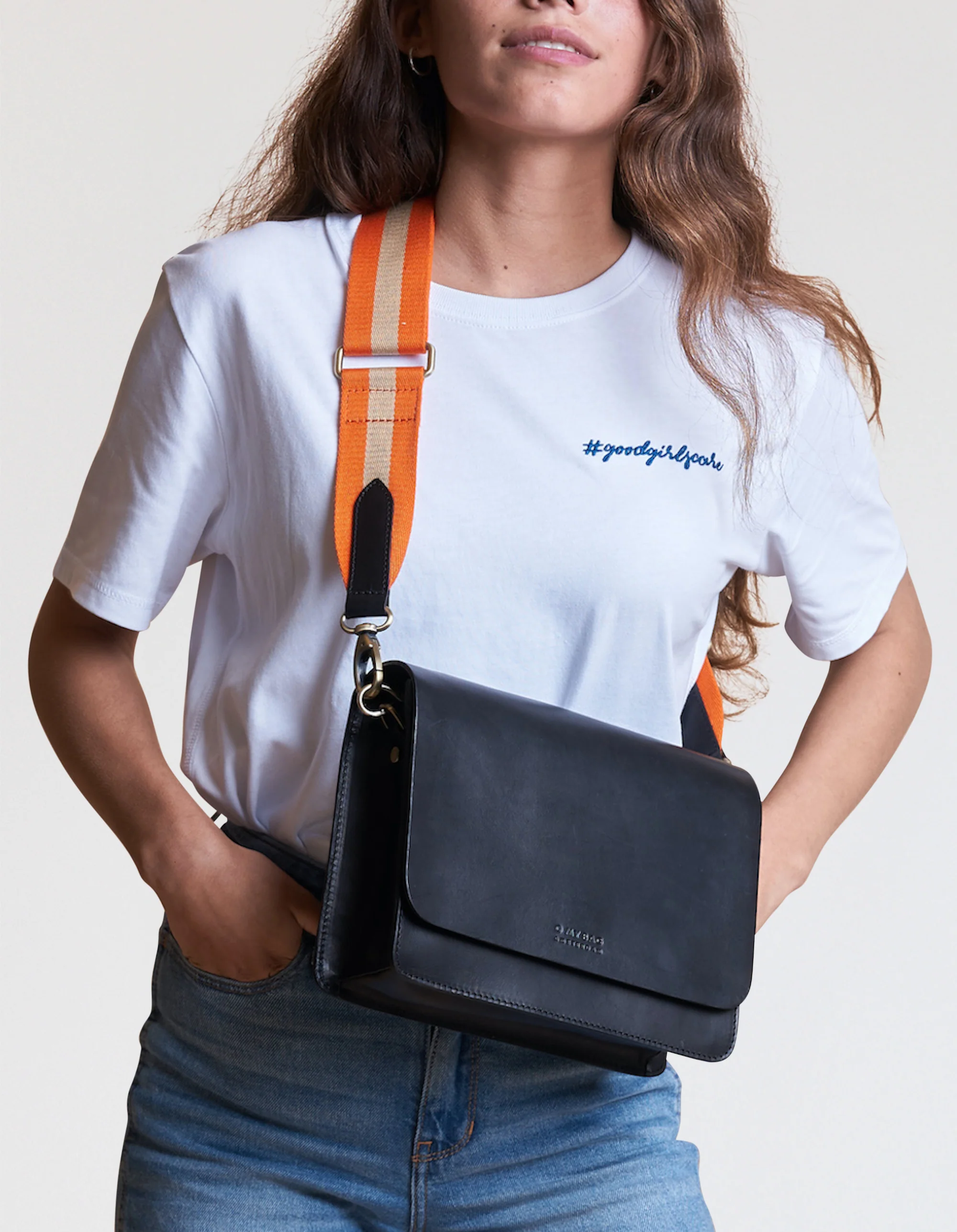 Striped Webbing Strap - Orange & Black Classic leather - Image 3