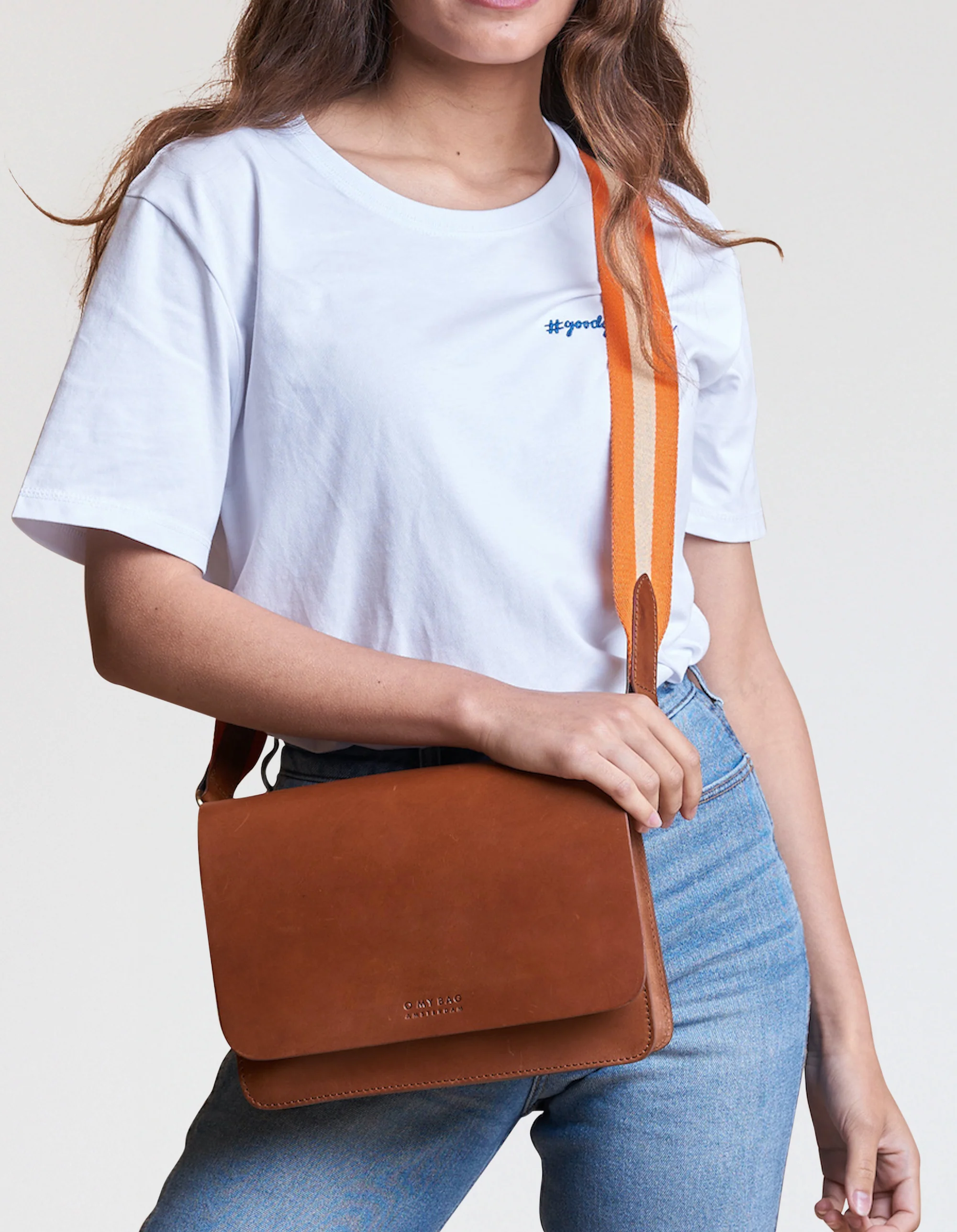 Striped Webbing Strap - Orange & Cognac Classic Leather - Image 3